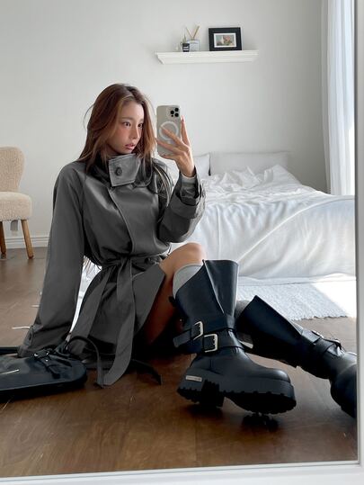 K-Vae Casual grijze trenchcoat met middellange lengte voor dames, herfst
