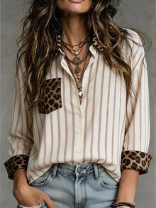 Franclia Women's Plus Size Leopard Print Patchwork Striped Shirt - Multicolor - View 3