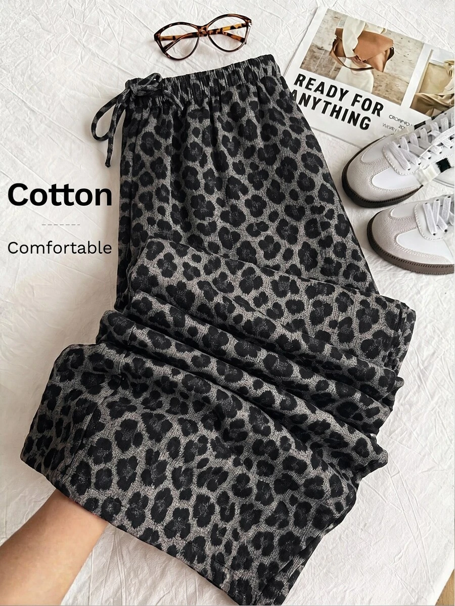 Comfortcana 大尺碼女款豹紋休閒百搭日常穿著長褲 - 深灰色 - 查看 1