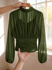 SHEIN Clasi 女款純色百褶立領長袖時尚襯衫 - 軍綠色 - 查看 1
