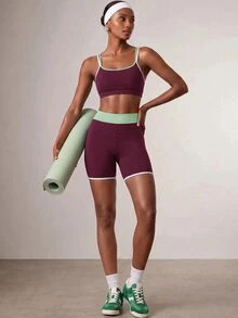 Zivah 女款短版細肩帶背心與短褲運動服套裝，健身運動休閒穿搭，適合秋季 - 酒紅色 - 查看 8
