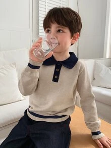 DAZY Boys' (Small) Contrast Color Polo Collar Long Sleeve Sweater Top, Autumn/Winter Layering - Apricot - View 5