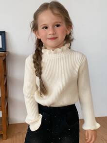 DAZY كنزة أساسية ضيقة بياقة واقفة وحافة مكشكشة للفتيات الصغيرات، أسلوب أساسي للخريف/الشتاء - بيج - مشاهدة 1