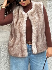Easura Plus Size Round Neck Sleeveless With Pockets Fashion Elegant Street Party Gathering Date Plus Size Women Faux Fur Coat Winter - Camel - View 3