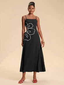 Travachic Floral Embroidered Side Tie Waist Cami Dress For Vacation - Black - View 3