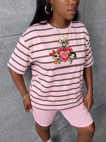 Slaydiva THE POWERPUFF GIRLS X SHEIN 大尺碼卡通印花條紋短袖上衣與短褲休閒日常套裝 - 彩色 - 查看 5