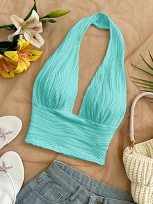 Soleia Women's Solid Color Textured Deep V-Neck Sexy Halter Tank Top - Mint Green - View 5