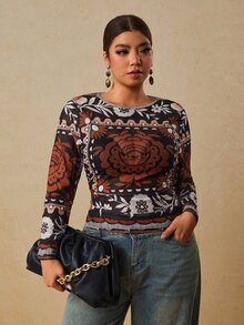 Travachic 大尺碼女款花卉印花休閒百搭日常穿著T恤 - 黑色 - 查看 5