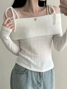 DAZY 女款純色休閒百搭日常長袖露肩上衣 - 白色 - 查看 5