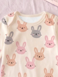 Newborn Home Jumpsuit, Cartoon Pink & Grey Rabbit All-Over Print Baby Long Sleeve Footed Romper, Snap Crotch Newborn Bodysuit, Baby Girl Spring/Autumn Home Sleep & Outdoor Footed Crawler - Multicolor - View 6