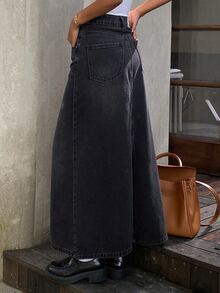 DAZY Women's Straight Long Casual Denim Skirt - Black - View 4