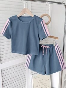 SHEIN 青少年女孩休閒對比粉色膠帶飾邊鞋 - 藍色 - 查看 4