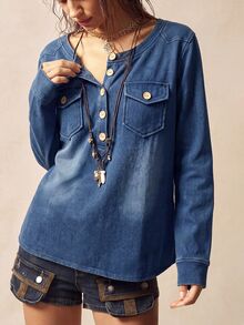 Bohemela Women's Crew Neck Casual Versatile Daily Denim Top - Dark Wash - View 7