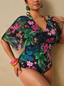 Travachic Plus Size Women's Floral Print 2 In 1 Swimsuit For Vacation - Multicolor - View 1