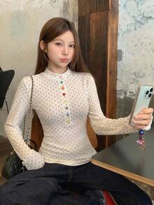 DAZY 女款波點印花鈕扣半開襟長袖休閒T恤 - 白色 - 查看 4