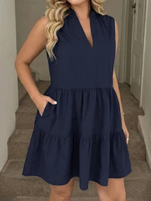 Easowa Curve Plus Size Summer Casual Solid Color Sleeveless Dress - Navy Blue - View 5