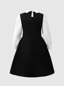 SHEIN Tween Girls Fall Dresses Shirt Collar Mesh Sleeve Pearl Decor Preppy Elegant Knit Fitted Floral Loose Ruched Halloween School Graduation White Black - Black - View 2