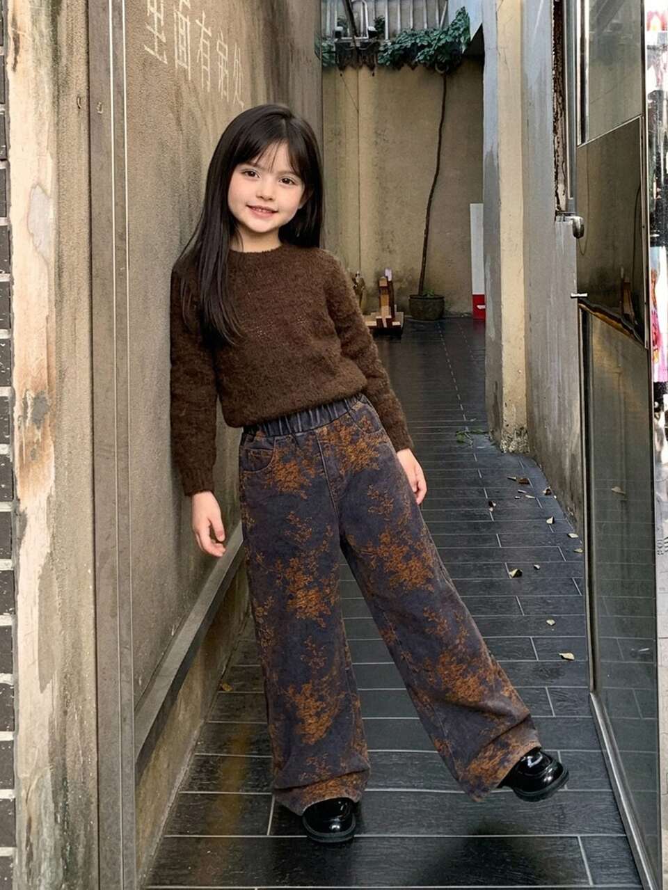 Young Girls' Jacquard Loose Straight Leg Casual Washed Autumn/Winter Long Pants Daily Denim Jeans