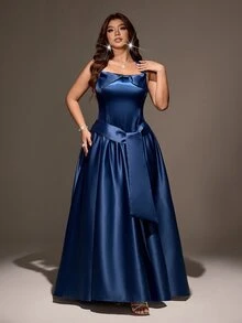 Maweii Plus Size Halter Bow Elegant Sophisticated Evening Party Dress Fall - Blue - View 1