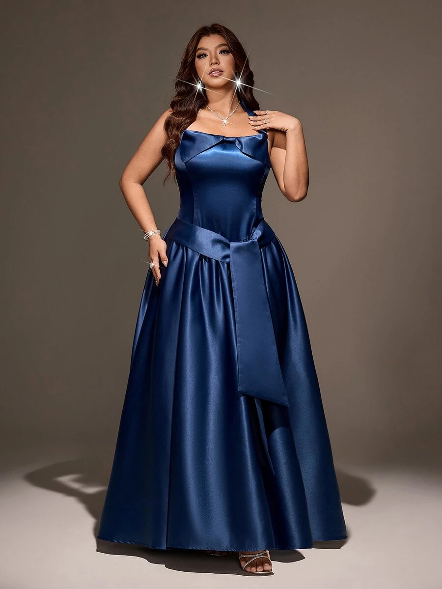 Maweii Plus Size Halter Bow Elegant Sophisticated Evening Party Dress Fall - Blue - View 1