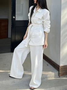 Dazy Tall Women's Waist-Cinched Loose Blouse And Loose Straight-Leg Pants Casual 2 Pieces Denim Set - White - View 3