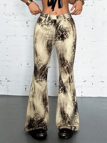 Jeanoix Celana Jeans Flare Pinggang Sangat Rendah Motif Hewan untuk Wanita, Warna Beige, Gaya Musim Panas Terinspirasi Era 90-an dan 2000-an - MultiWarna - View 4