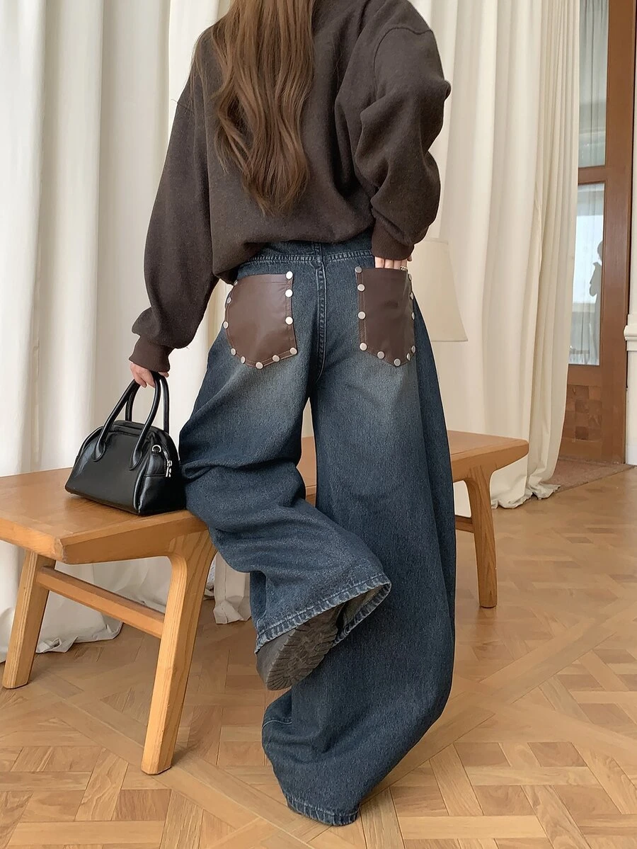 DAZY Celana Jeans Denim Longgar Kasual Wanita dengan Blok Warna untuk Musim Gugur - Grey - View 1