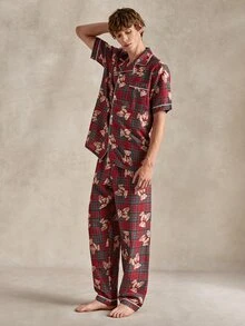 EverLounge Bear Plaid Print Open Front Lapel Men's Loungewear Set - Multicolor - View 1