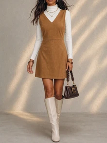 SHEIN Holidaya Autumn Suede Brown Vest Dress - Brown - View 6