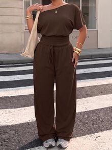 Muchica Plus Size Women Solid Color Asymmetrical Shoulder Top And Pants Casual Daily Set Fall - Chocolate Brown - View 7