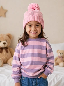Young Girl Knit Striped Crew Neck Loose Casual Sweatshirt, Fashionable Versatile, Suitable For Outdoor Wear, Colorful Striped Pattern Design, Suitable For Street Photography, Suitable For Camping, Back To School Fall Clothes - Multicolor - View 7