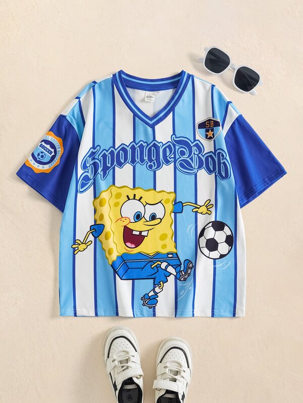 SpongeBob SquarePants | SHEIN Camiseta de niño preadolescente con estampado de dibujos animados, rayas y bloques de color
