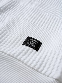 Manfinity Homme Men's Knitted Jacquard Solid Color Textured White Zipper Leather Patch Cuff Hem Leg Opening White Ribbed Pullover Sweatshirt Set - White - View 7