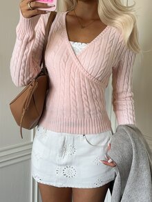 Autumina French Gentle Style Pale Pink Twisted Rope Wrap V-Neck High Waist Cropped Sweater For Women - Pink - View 1