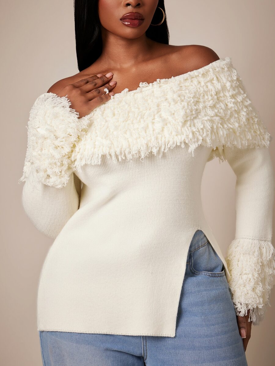 Radiana Plus Size Women's Solid Color Off-Shoulder Long Sleeve Side Slit Hem Fashion Pullover Sweater Fall - White - View 1