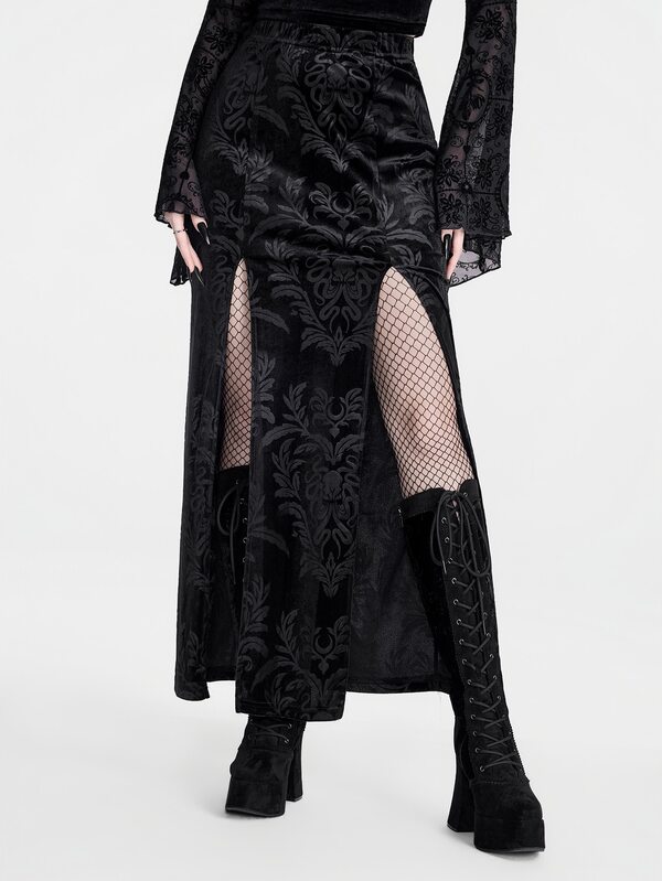 Breakform Women's Gothic Black Velvet Embossed Dark Style Autumn/Winter Streetwear Elastic Waist Velvet Embossed... High Slit Knit Long Slim Fit Skirt, Punk Style