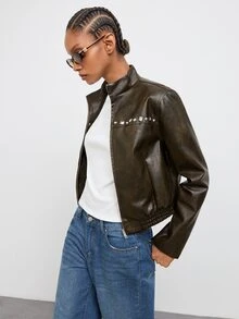 Maija Women's Rivet Design PU Leather Zipper Front Jacket,Going Out Outfits, Work Outfits For Women,Fall Clothes - Coffee Brown - View 5