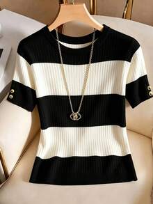 Resyla Plus Size Summer Casual Colorblock Striped T-Shirt - Yellow - View 1
