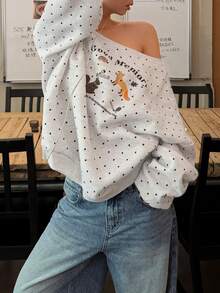 DAZY Women's Autumn/Winter Asymmetrical Shoulder Polka Dot Print Casual Sweatshirt - Light Grey - View 7