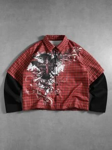 ROMWE MEN Men's Plaid Patchwork Casual Daily Wear Shirt - Burgundy - View 1