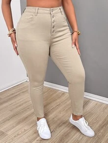 SHEIN ICON 大尺碼性感修身彈性黑色鈕扣前開牛仔褲 - 卡其色 - 查看 4