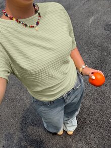 Muchica 夏季休閒優雅寬鬆鼠尾草綠蝙蝠袖大尺碼T恤，適合秋季早午餐、度假、外出穿著 - 薄荷綠 - 查看 6