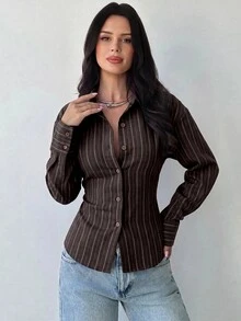 Firerie 女款藍白條紋長袖襯衫，後腰繫帶設計，日常通勤襯衫，度假襯衫，收腰條紋襯衫，春夏秋冬衣物，通勤，優雅，度假，波希米亞風，工作服 - 巧克力棕 - 查看 6