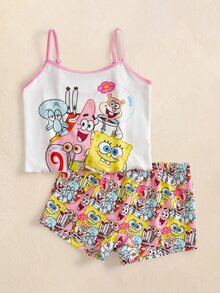 SpongeBob SquarePants | SHEIN Tween Girl Cartoon Print Camisole & Boyshort Underwear Set - Pink - View 3