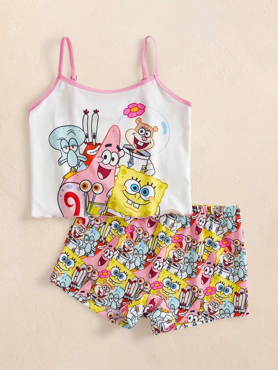 SpongeBob SquarePants | SHEIN Tween Girl Cartoon Print Camisole & Boyshort Underwear Set - Pink - View 1