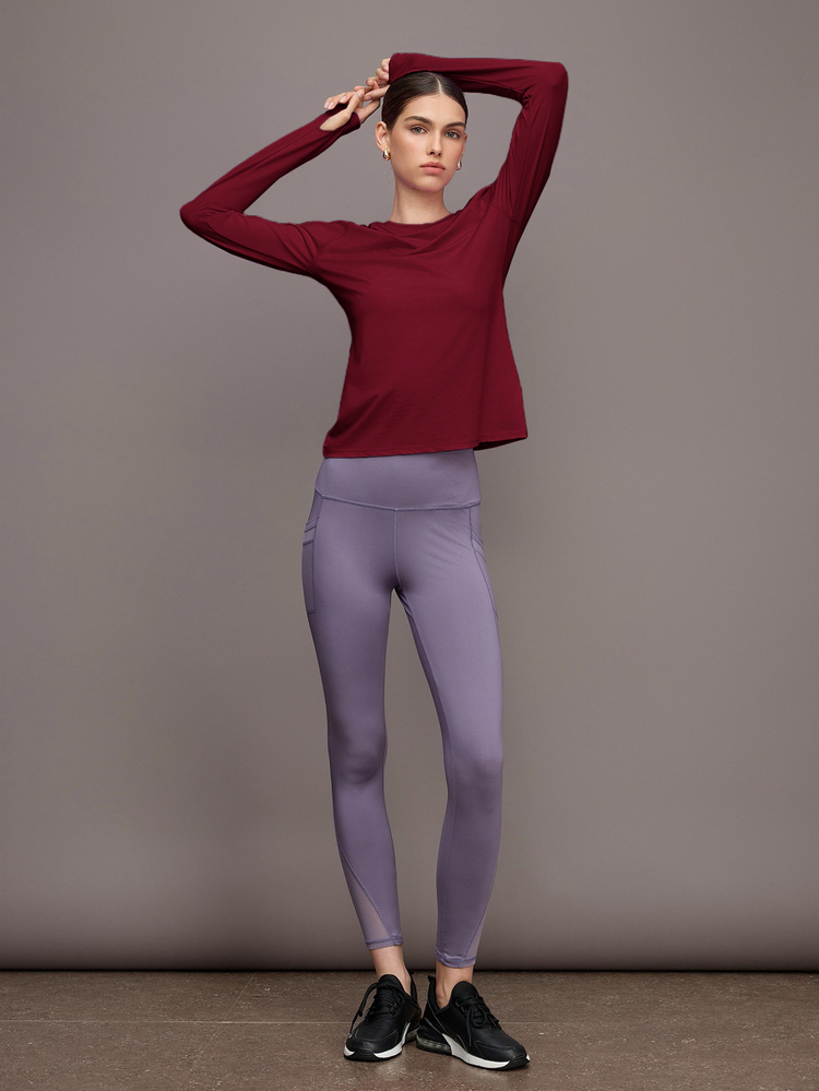 Activina Women's Solid Color Minimalist Long Sleeve Casual Sports T-Shirt - Burgundy - View 3