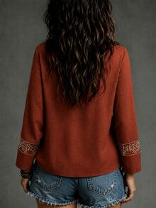 LUMIGAL Women's Linen V-Neck Long Sleeve Embroidered Casual Shirt - Redwood - View 2