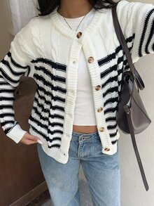 Autumina Soft Cable Knit Black & White Striped Crew Neck Cardigan For Women - Black and White - View 1