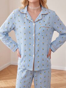 CottageSlumber Plus Size Lapel Puff Sleeve Striped Plaid Pineapple Print Romantic Style Long Sleeve Top And Pants Pajama Set, Women's Pajama Set, Suitable For Home And Outdoor Wear - Blue - View 5