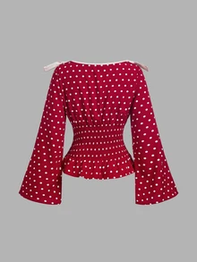 SHEIN MOD 女款對比色蝴蝶結裝飾喇叭袖收腰時尚襯衫 - 紅色 - 查看 2